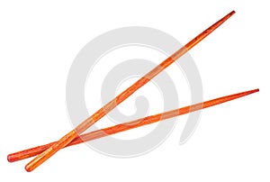 Pair of wooden chopsticks isolated on white background, top view