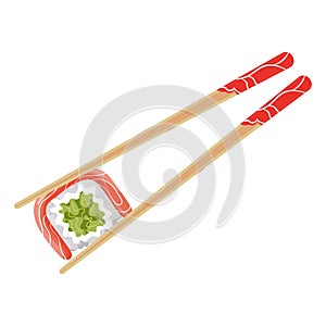Pair of wooden chopsticks with sushi or roll. Asian cuisine. Food illustration