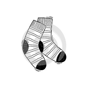 Pair of wool knitted striped socks. Hand drawn doodle isolated on white background. Cartoon black and white clipart for