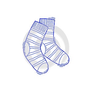 Pair of wool knitted striped socks. Hand drawn doodle isolated on white background. Cartoon clipart for cards, posters