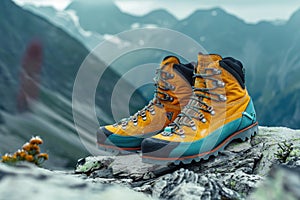 Pair of yellow and blue hiking boots resting on rock in mountainous landscape