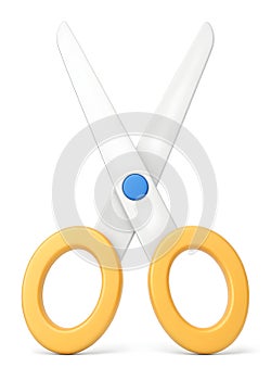 Pair of yellow handled scissors with blue pivot on white background cutting tool