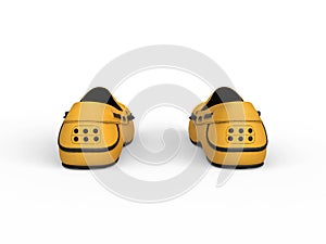 Pair of yellow loafers with black stitching - back view