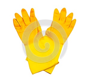 Pair of yellow rubber household cleaning gloves