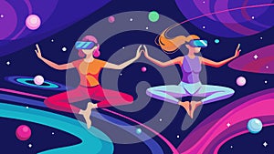 A pair of yogis using VR to virtually fly through a colorful galaxy feeling weightless and free as they stretch and move photo