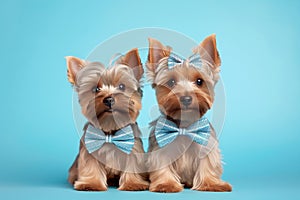 Pair of Yorkshire Terrier dogs with bowties on blue background