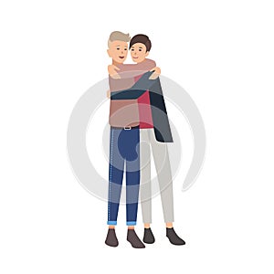 Pair of young men standing together and hugging. Close friends embracing and smiling. Buddies or pals. Flat male cartoon