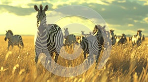 a pair of zebra and a herd of horses marching toward each other