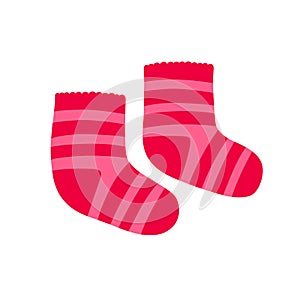 Paire of striped red and pink knitted socks. Flat vector illustration isolated on white. photo
