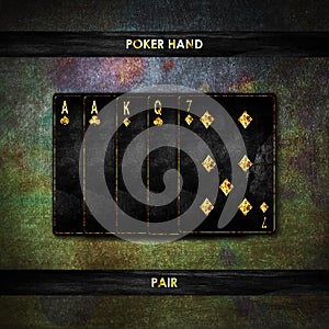 Paire, on a vintage, grunge, dark green poker background. Poker combinations. Poker Hands. Gambling photo