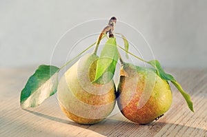 Paired fruit - two pears on one stalk with leaves. With drops of water, lit by the sun on a wooden background.