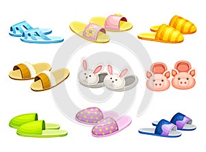 Pairs of comfortable slippers set, Soft textile footwear for home, flip flops shoes cartoon vector illustration