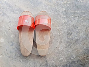 Pairs of home-made traditional wooden shoes.
