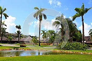 Paisagismo tropical com jardins, construÃ§Ãµes coloridas ao fundo cercadas por muita vegetaÃ§Ã£o