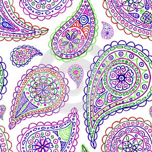 Paisley buta doodle colorful line art seamless pattern vector