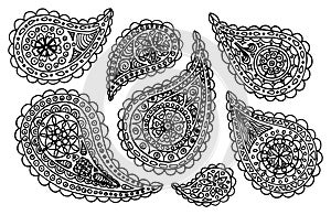 Paisley buta monochrome pattern set doodle vector