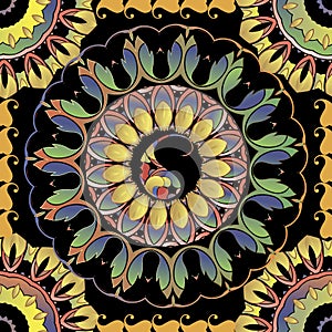 Paisley colorful round mandalas seamless pattern. Vector elegance ornamental floral background. Ethnic style repeat decorative