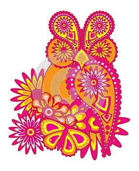 Paisley Pattern Owl and Butterfly vector Illustration