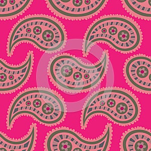 Paisley on pink-Paisley Dreams seamless repeat pattern in green,blue,yellow and pink.