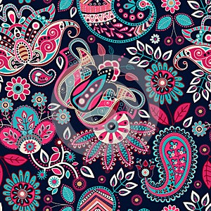 Paisley seamless pattern. Colorful flowers wallpaper. Pink stylized flowers on the dark background