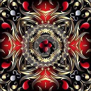 Paisley seamless pattern. Vector floral vintage ornamental background. Repeat glowing red backdrop. Ethnic tribal style