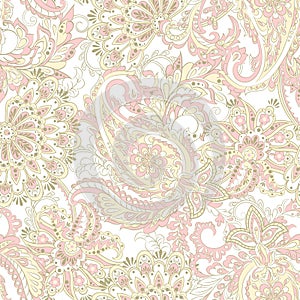 Floral seamless pattern with paisley ornament. Vector illustration in asian textile style .