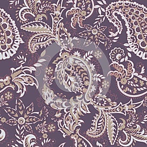 Paisley vector seamless pattern. Fantastic flower, leaves. Batik style painting. Vintage background.