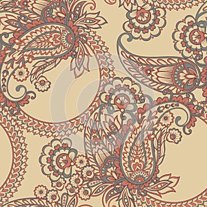 Paisley vector seamless pattern. Fantastic flower, leaves. Batik style painting. Vintage background