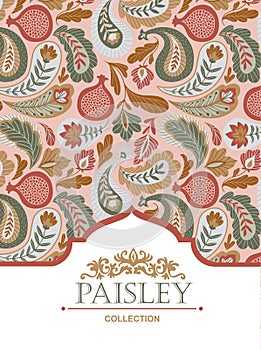 Paisleys Seamless Pattern for fabric design or wallpaper. Hand-drawn textile print in pink and beige colors. Vector illustration