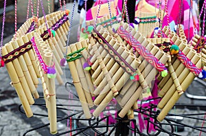Paixiao or zampona ancient musical wind instrument on the street market, Wroclaw, Poland photo