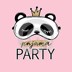 Pajama party card. Cute panda with crown sleep mask. Blindfold Invitation Template, banner, t-shirt print. Golden