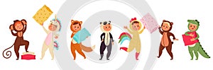 Pajama party. Children wear pajamas, animal costumes suits. Festival kids with pillows, sleep funny characters. Isolated
