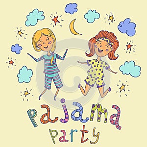 Pajama party. Funny kids and hand drawn lettering with stars, crescent and clouds.