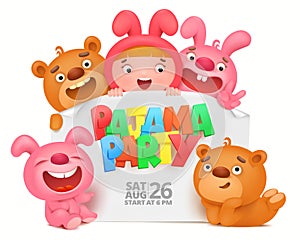 Pajama party invitation card with cartoon funny characters