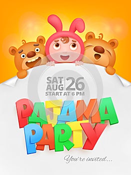 Pajama party invitation card with cartoon funny characters.