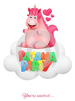 Pajama party invitation card with cute cartoon unicorn character