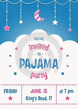 Pajama Party Invitation Card Template with Stars, Moon and Clouds