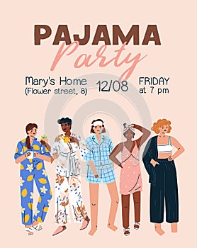 Pajama party invitation on flyer. Poster design inviting to pyjama home event with women in sleepwear. Vertical card