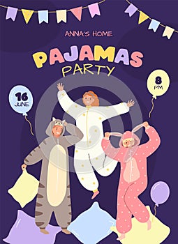 Pajama party invitation poster template. Characters with onesies and kigurumi costumes play pillow fight and have fun