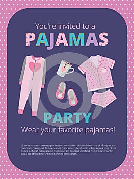 Pajama party poster. Invitation for night party kids and parents nightwear casual clothes great bed party vector photo