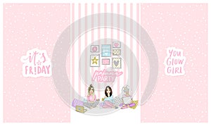 Pajama party stories template for social media, networks. Vector illustration with beautiful young women, girls