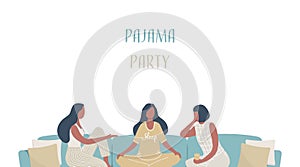 Pajama party. Three young women in pajamas are sitting on the couch and talking. Slumber party