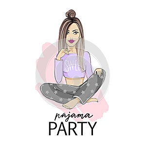 Pajama party vector illustration with beautiful young blonde woman.