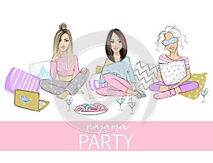 Pajama party vector illustration with beautiful young women, girls, teenagers. Poster, cover or banner for a fun event.