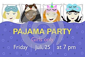 Pajama party. Vector pajama party invitation and poster template. Four girls of different nationalities wearing sleep