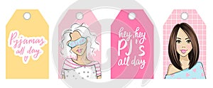 Pajama party vector tags with cute girls and quotes. Young womanl in pyjama and sleep mask.