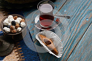 Pakhlava or baklava with glass of black tea