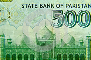 Pakistan 500 banknote close up with selective focus