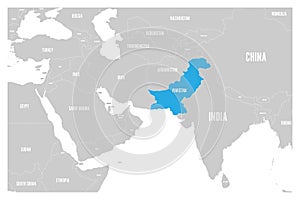 Pakistan blue marked in political map of South Asia and Middle East. Simple flat vector map