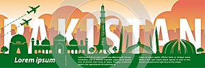 Pakistan famous landmark silhouette style,text within,travel and tourism